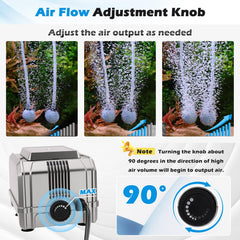 Hygger dual-outlet aquarium pump evenly distributes air to two tanks.