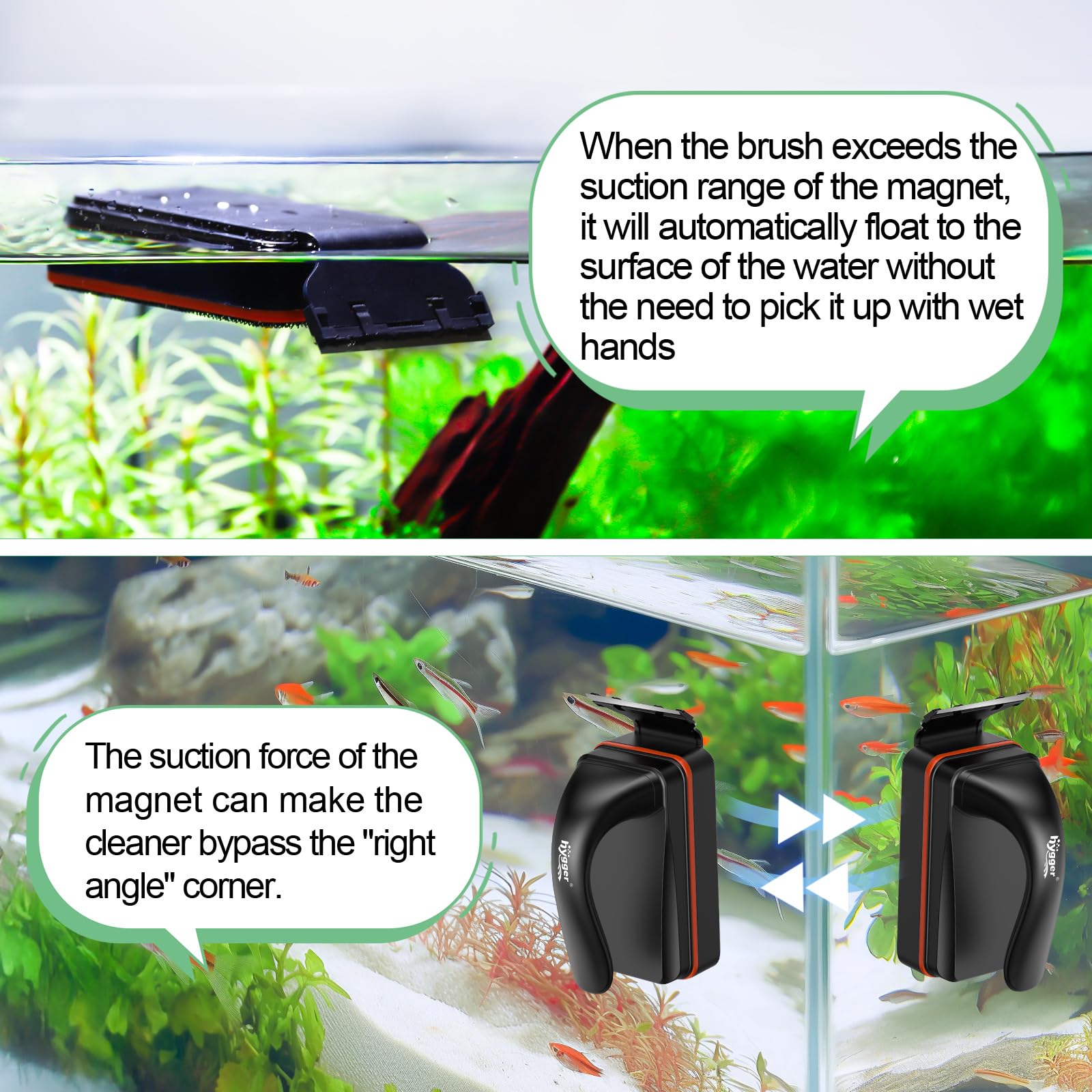 Hygger dual-sided cleaning works on inside and outside glass in one pass.