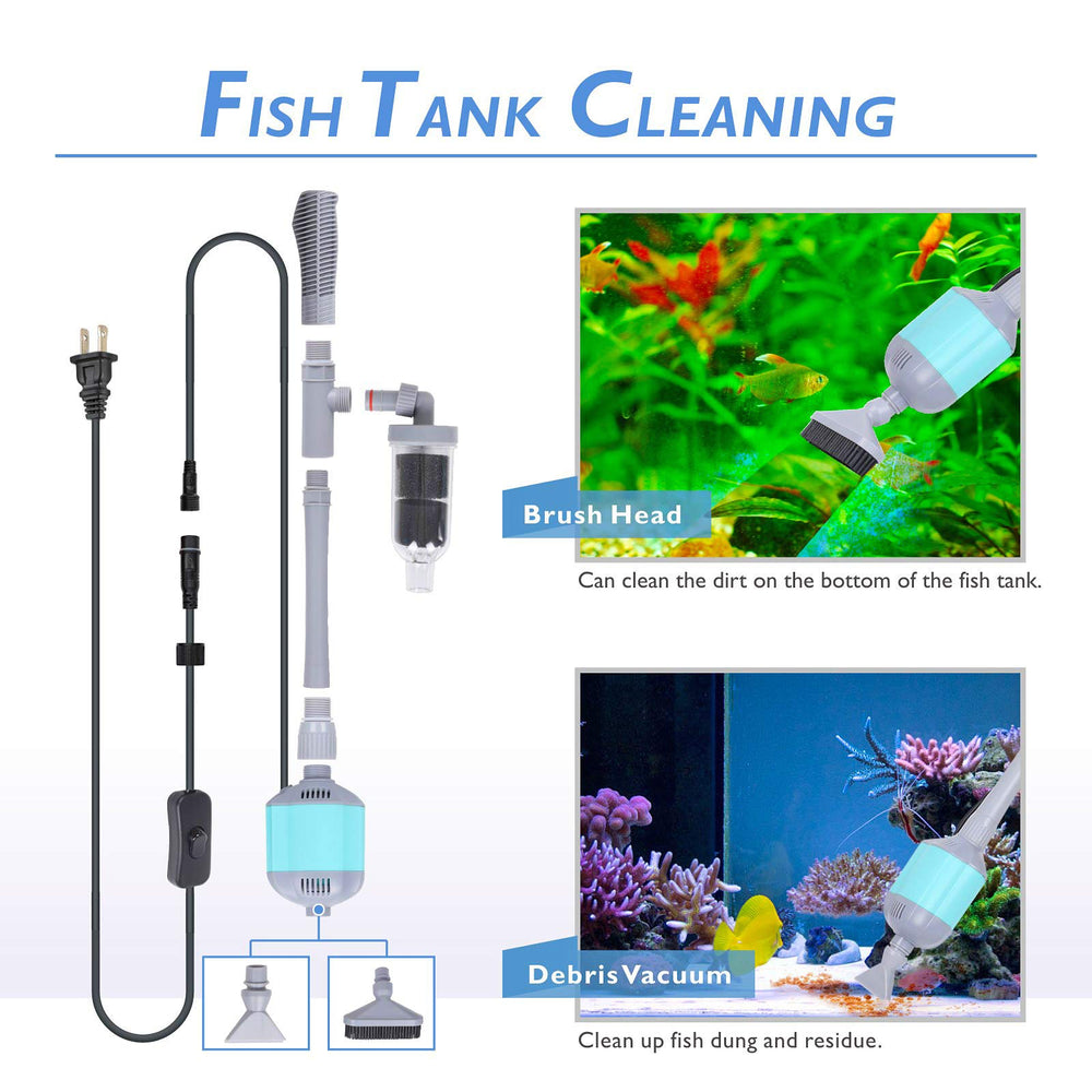 Hygger duckbill suction inlet capturing stubborn debris near tank corners.