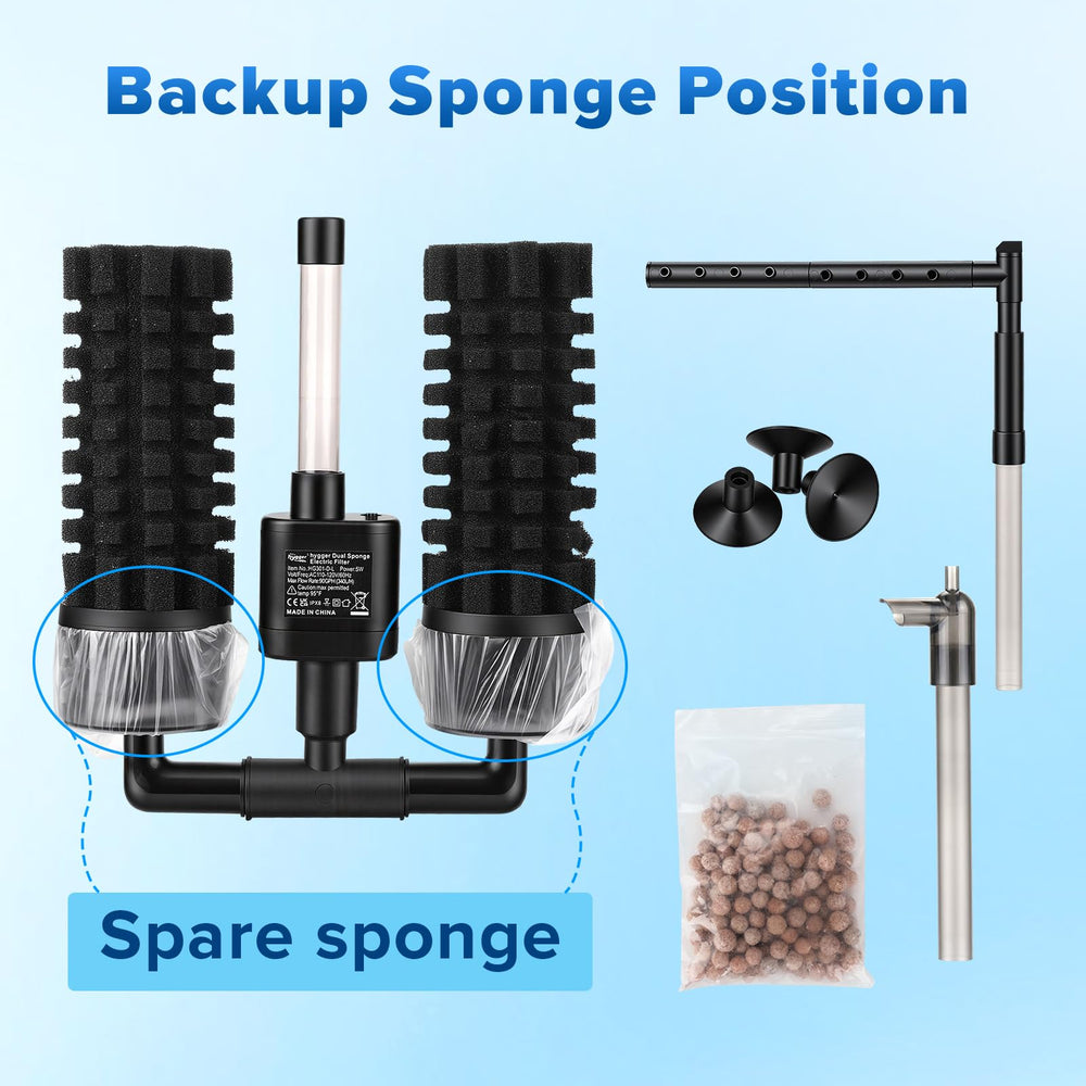 Hygger sponge filter rain mode output mimics gentle rainfall for delicate shrimp.