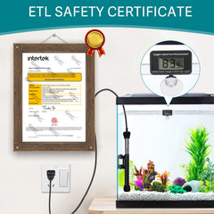 Hygger ETL aquarium heater showing temperature setting with 68-92°F range.