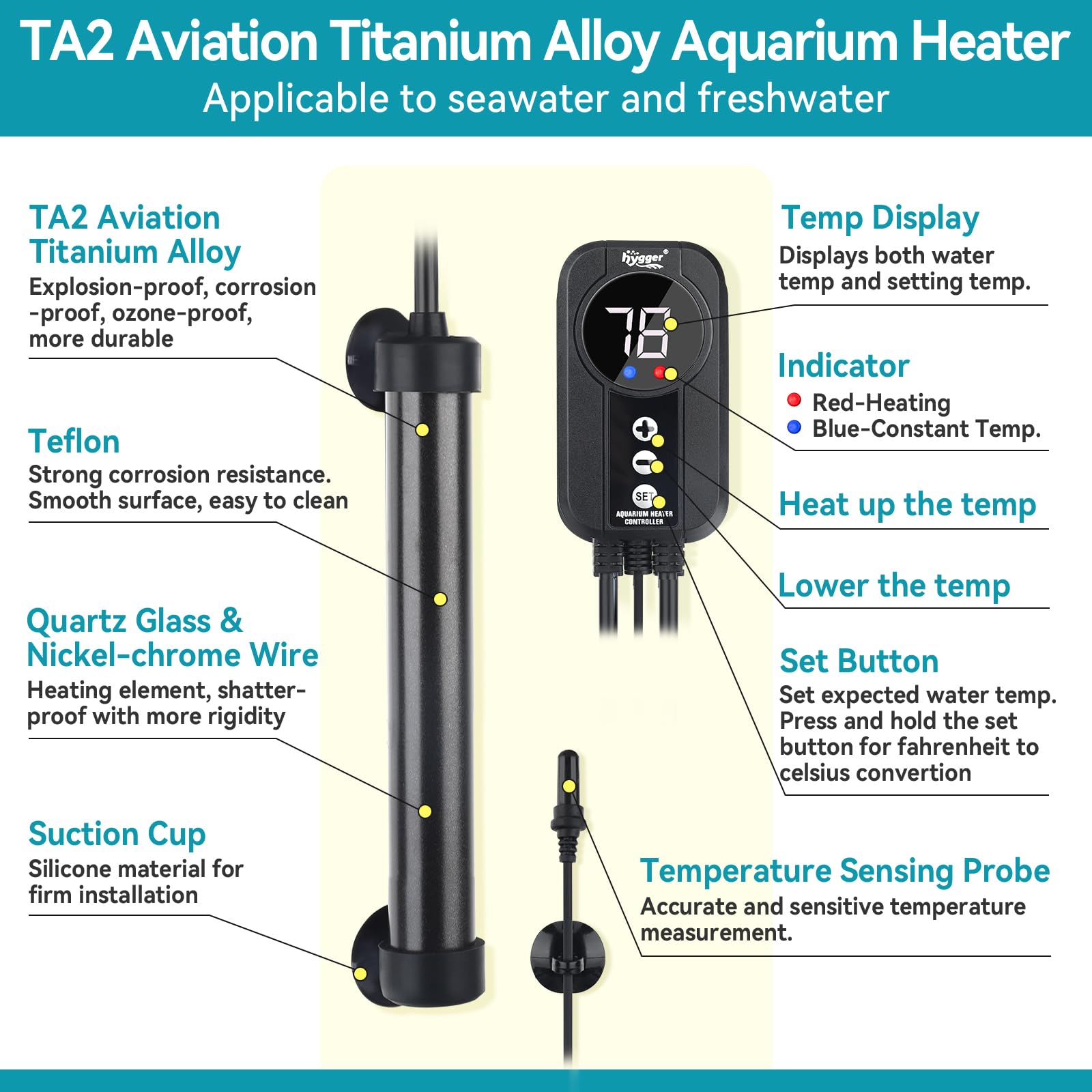 Hygger external temperature probe provides accurate readings for safe adjustments.