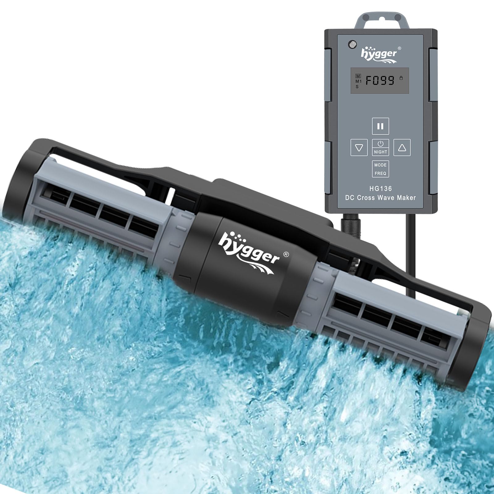 Hygger Gyre 1850GPH front view demonstrates compact cross-flow pump for aquarium circulation.