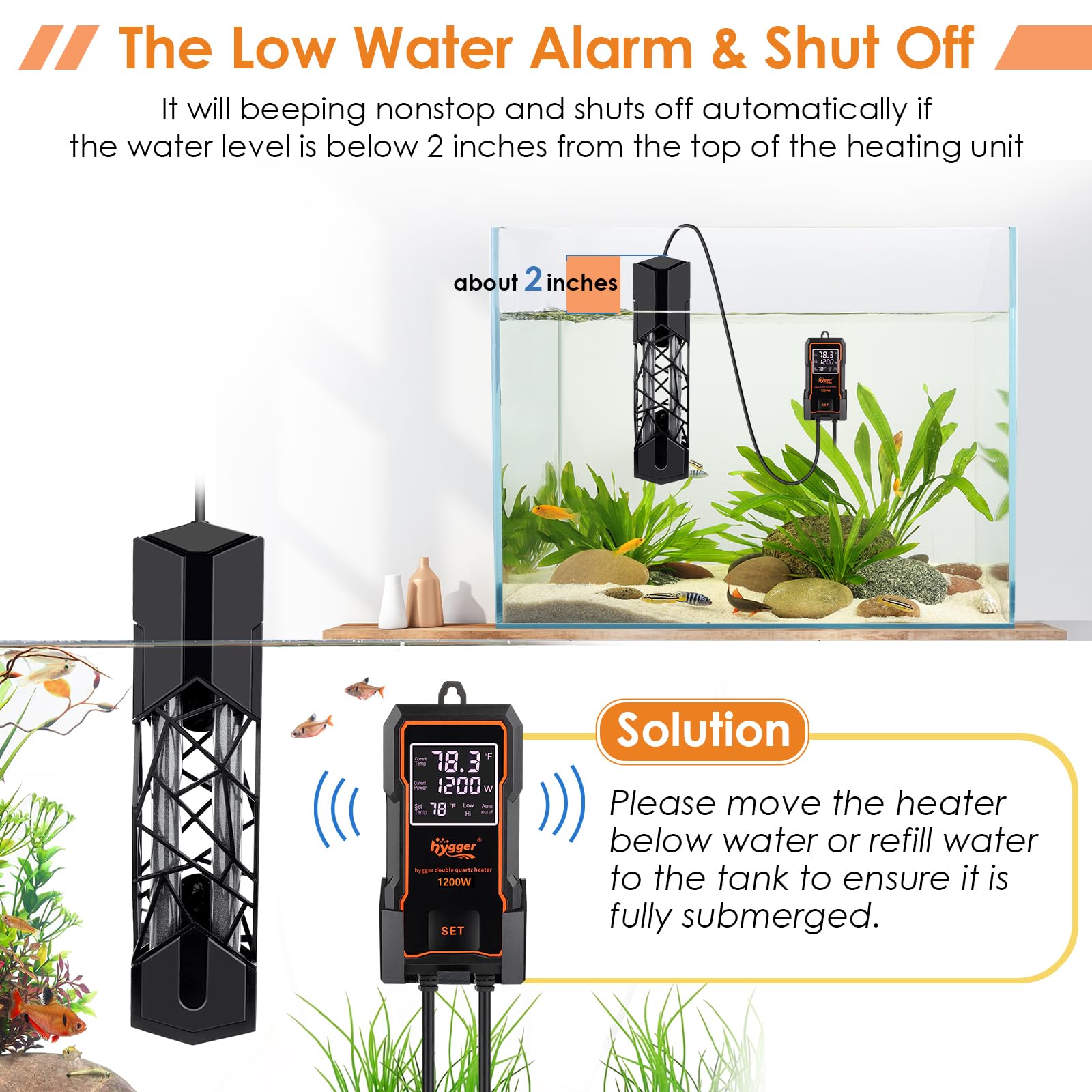 Hygger low-water alarm feature helps prevent dry-running in tanks.