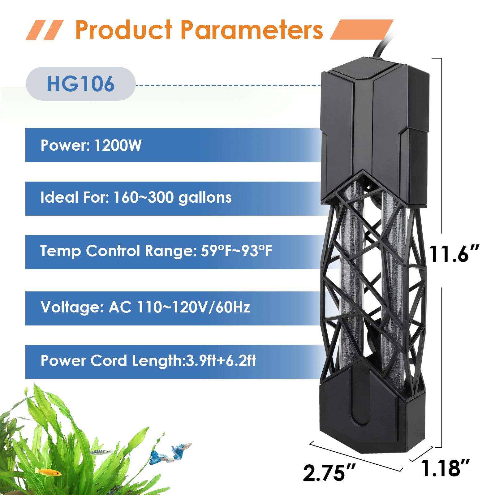 Hygger heater with suction cups for secure tank mounting.