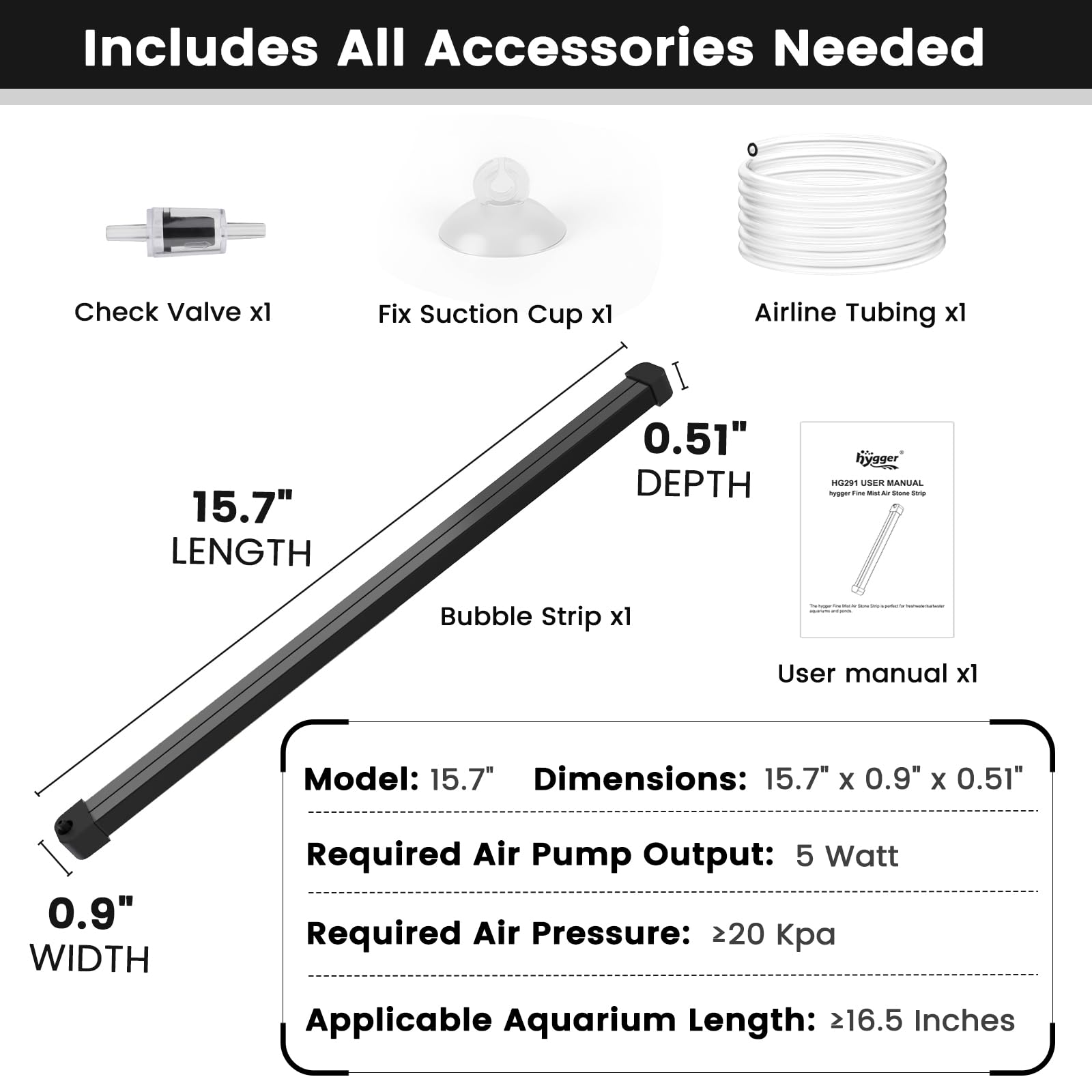 Hygger included accessories show essential tubing, valve, suction cup for quick setup.
