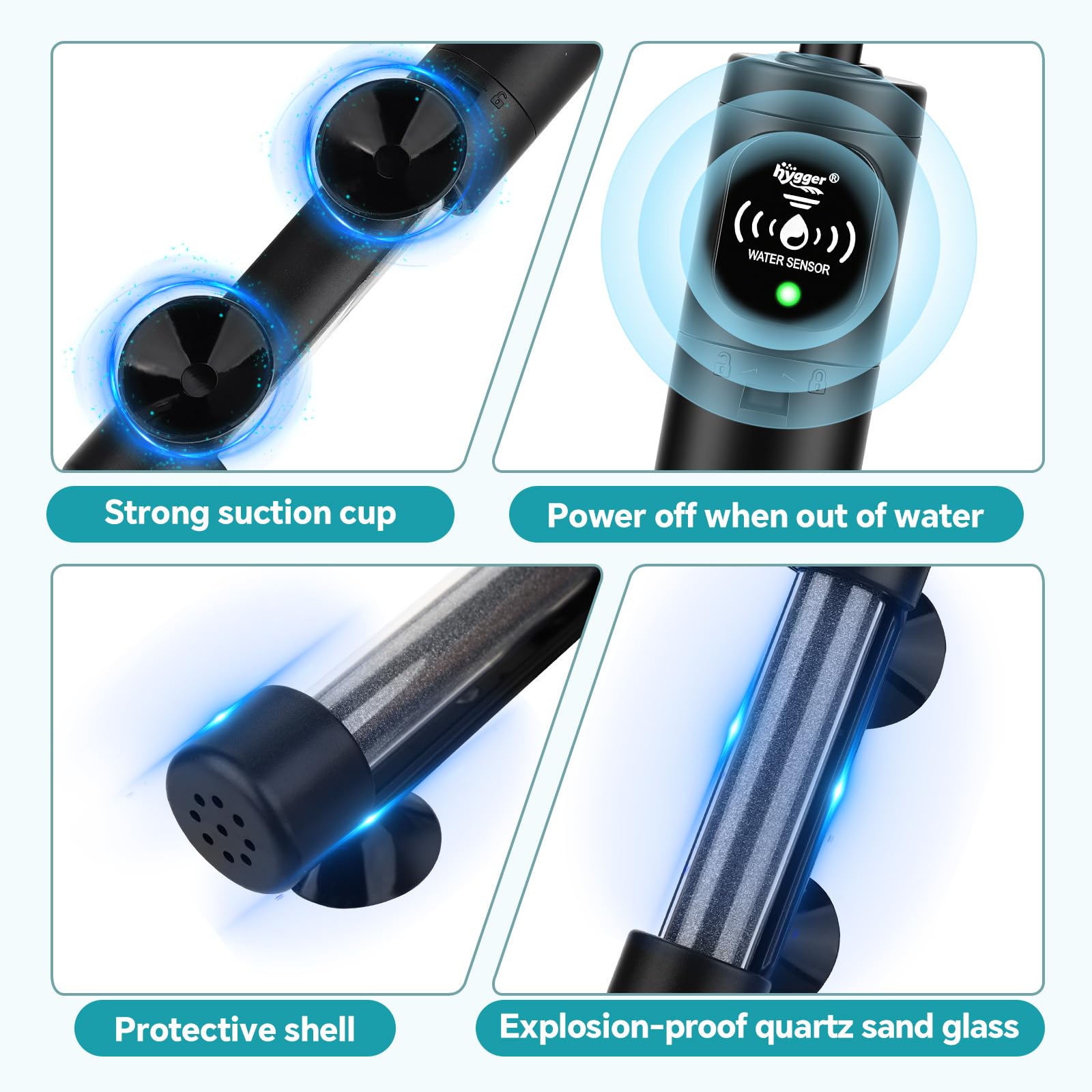 Hygger 100W heater with insulated ends enhances safety and durability.