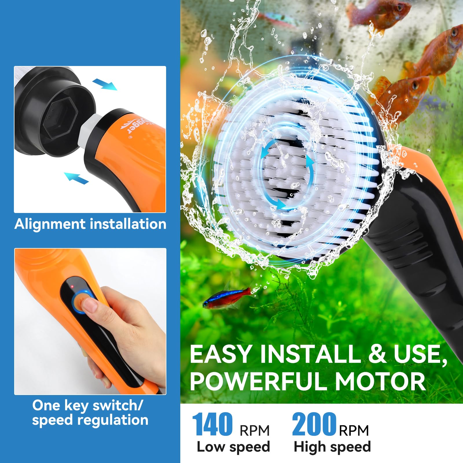 IPX8 waterproof design suitable for wet aquarium maintenance.