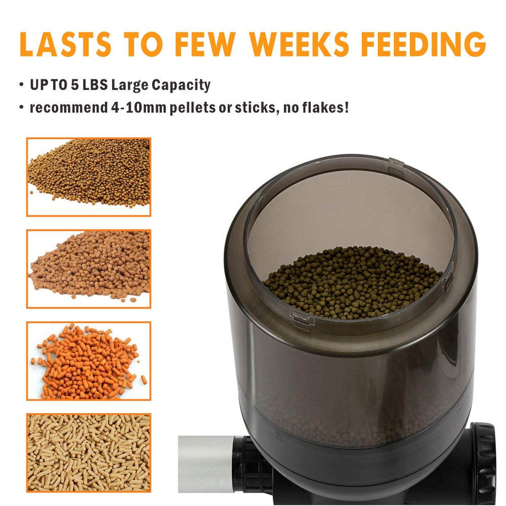 Hygger pond feeder LCD display demonstrates precise scheduling on outdoor ponds.