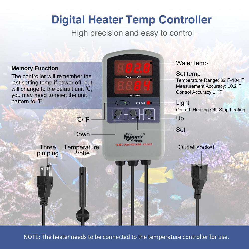 hygger Marine 500W heater close up showing LED display and controls