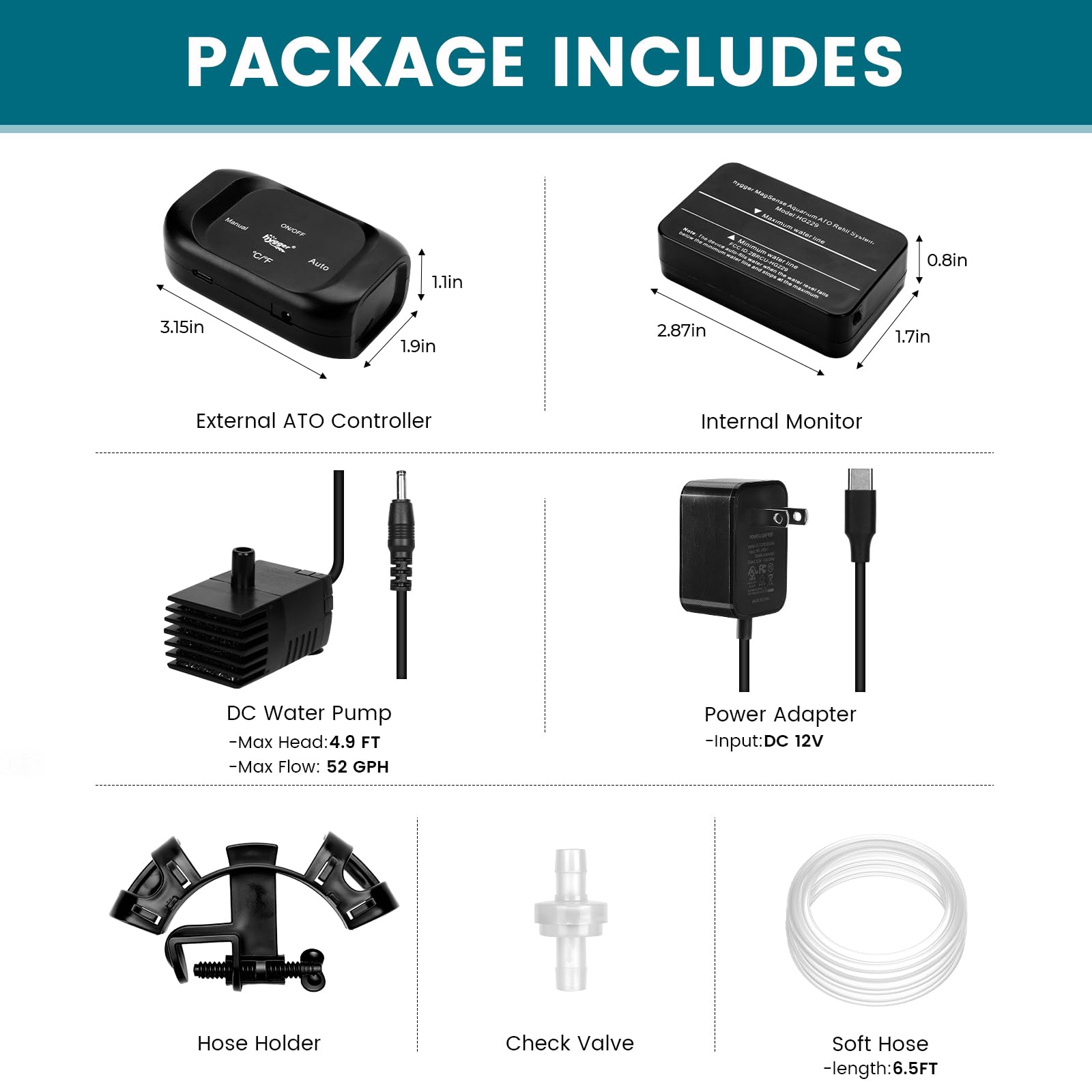 Hygger mini DC pump and soft hose for efficient filling.