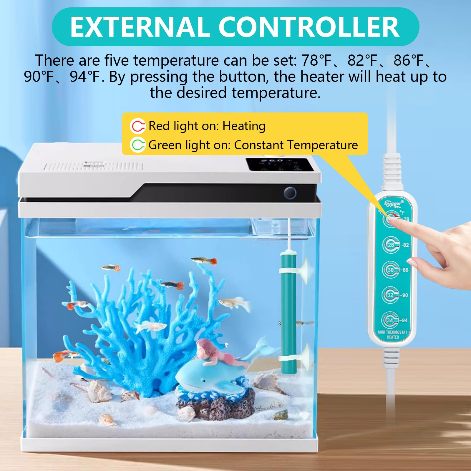Close-up of Hygger external five-key controller showing precise temp settings.