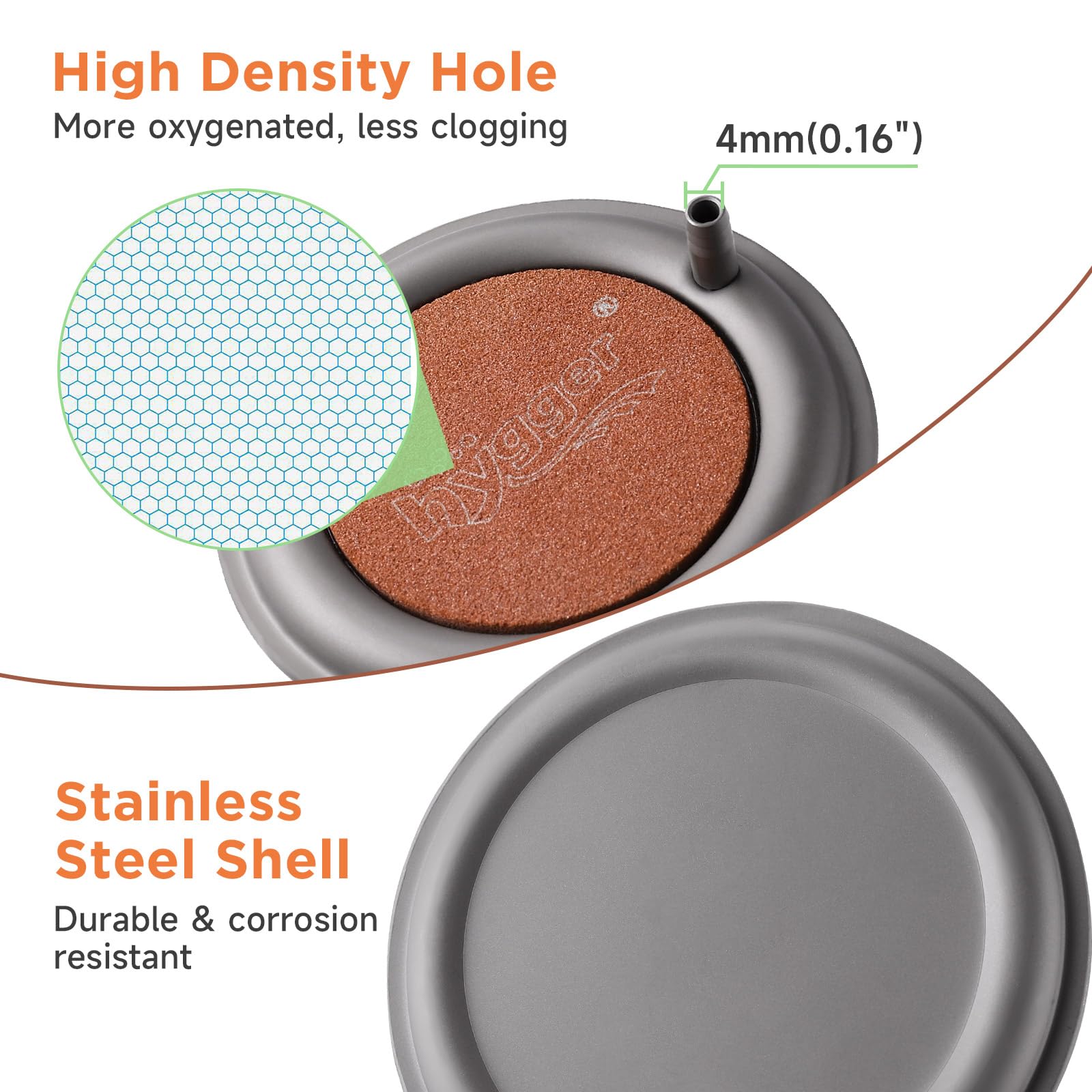 Hygger nano sintered air stone highlights dense microbubbles for steady diffusion.