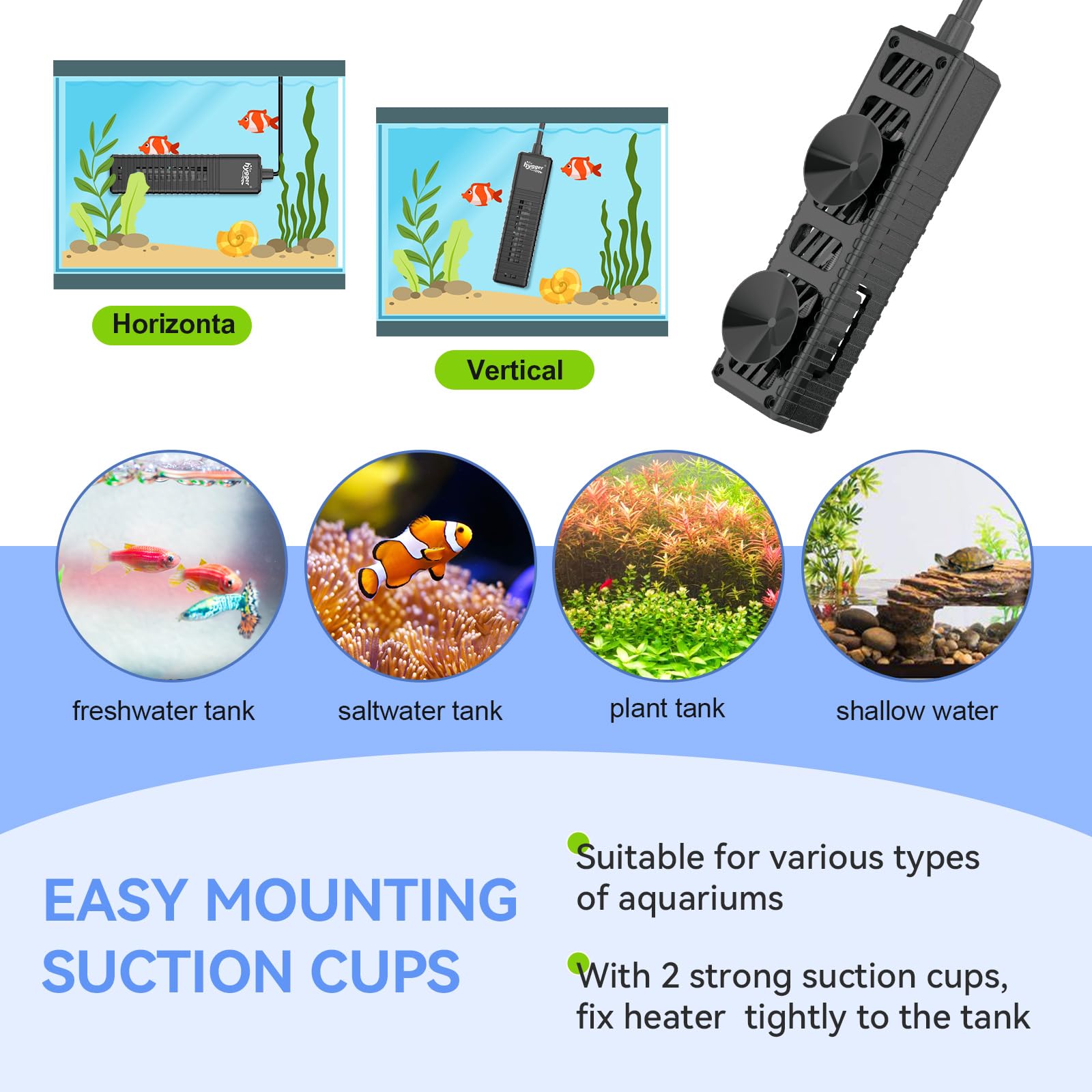Hygger Nano heater uses a suction cup to mount anywhere.