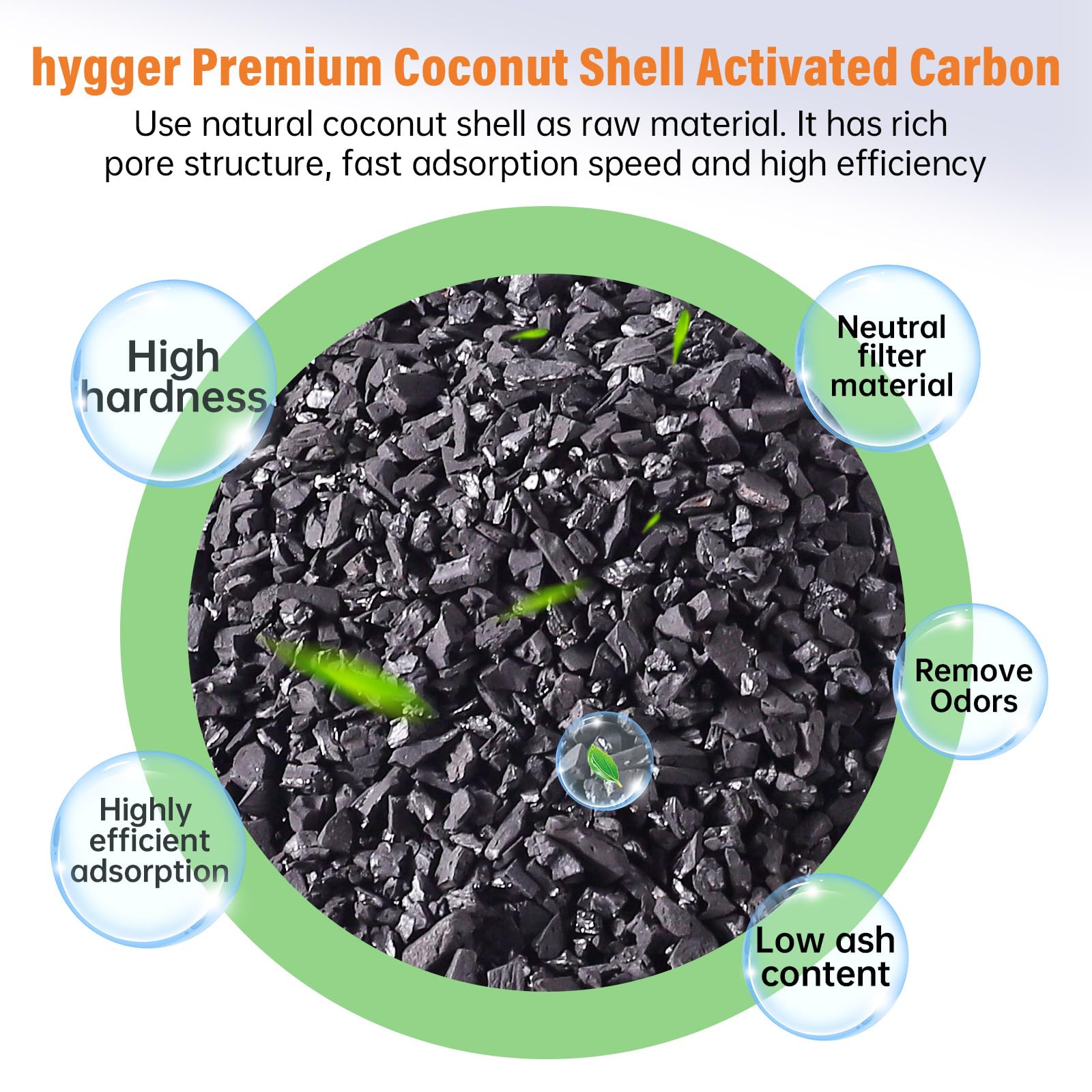 Hygger natural coconut-shell activated carbon close-up shows porosity for efficient absorption.