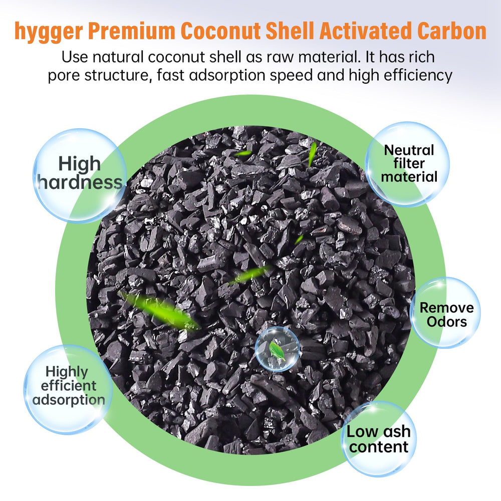 Hygger natural coconut-shell activated carbon close-up shows porosity for efficient absorption.