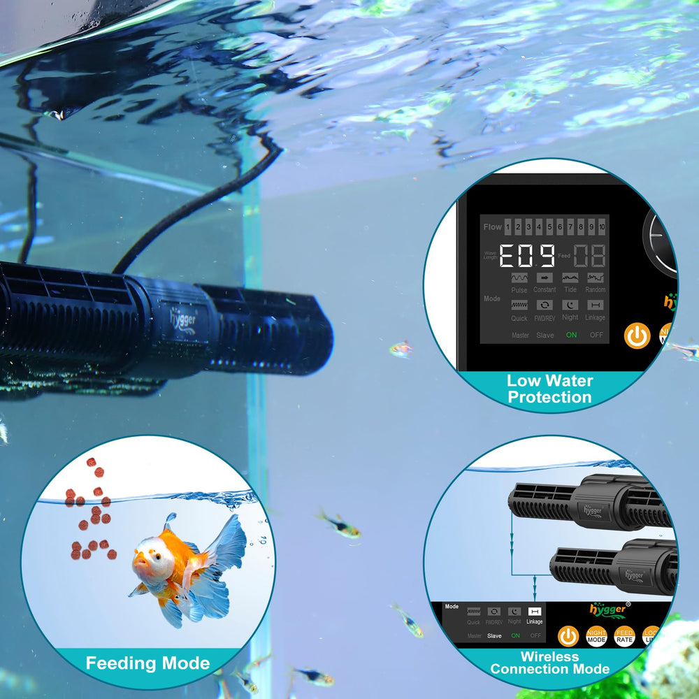 Hygger night/day mode display illustrates adaptive flow for fish rest.