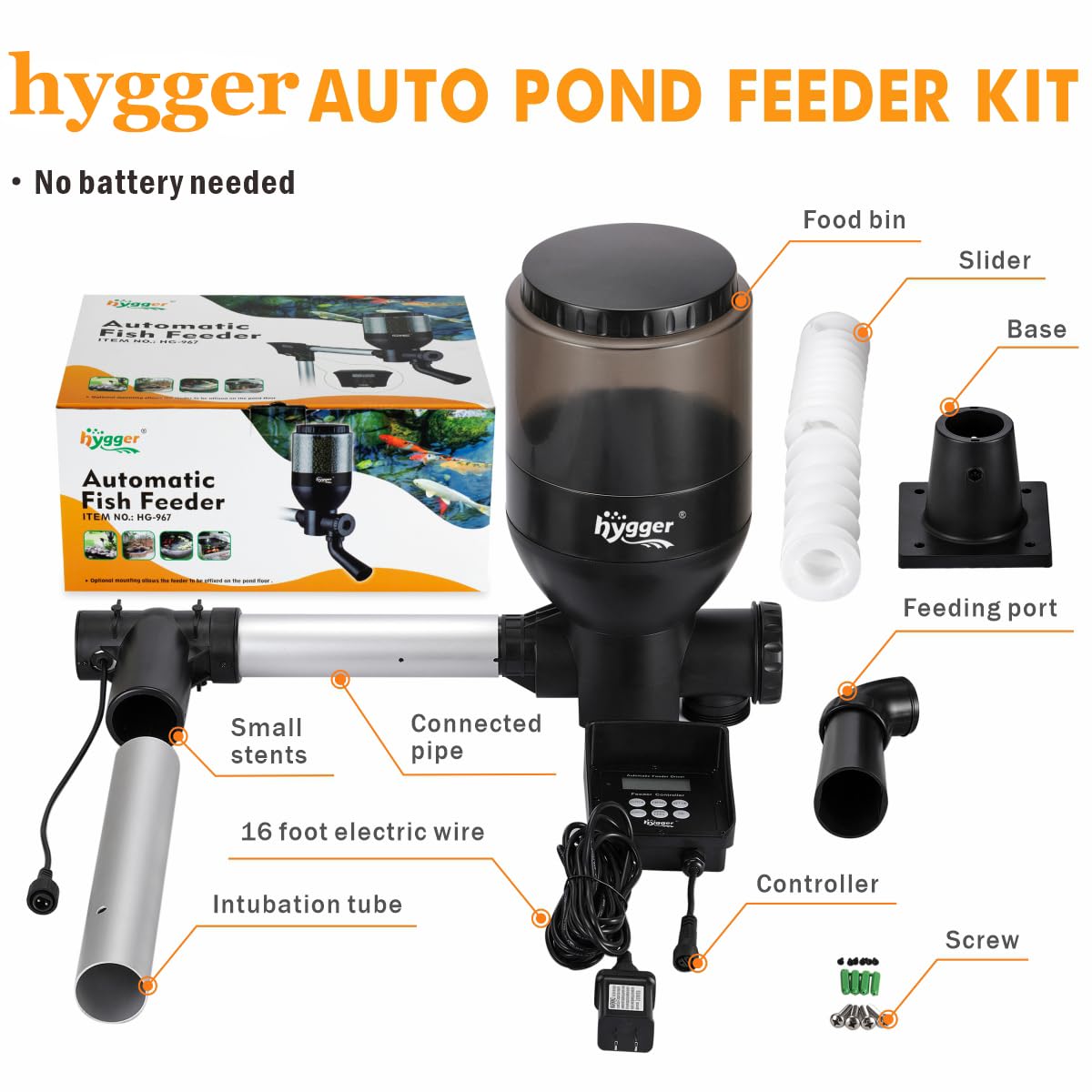 Hygger pond feeder with no-battery power cord emphasizes maintenance-free setup.