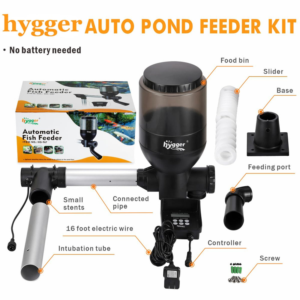 Hygger pond feeder with no-battery power cord emphasizes maintenance-free setup.