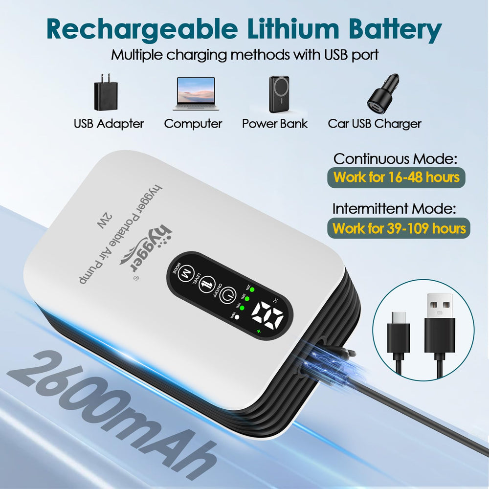 Hygger portable aquarium air pump with compact design for easy packing.