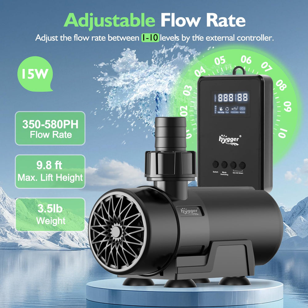 Hygger pump mounted inside a fish tank demonstrating submersible setup.