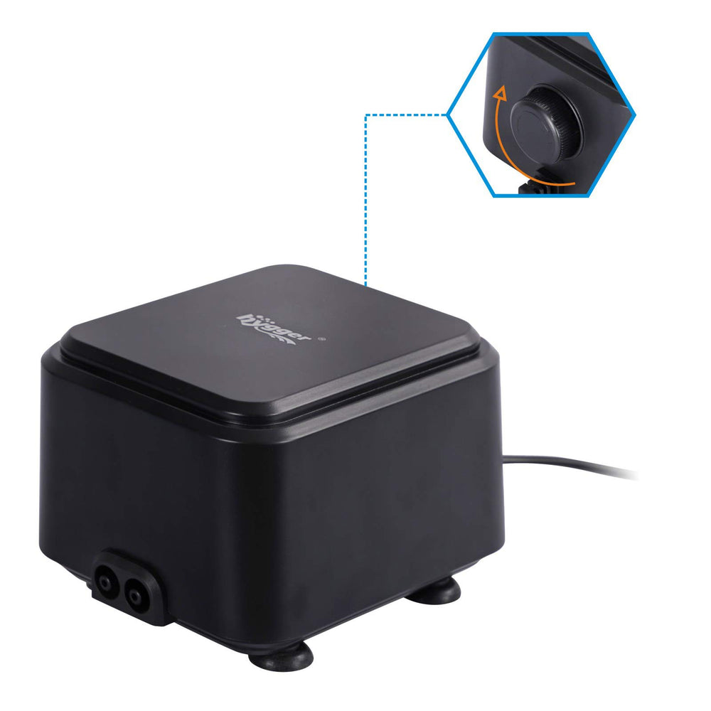 Hygger quiet aquarium air pump front view showing low-noise operation