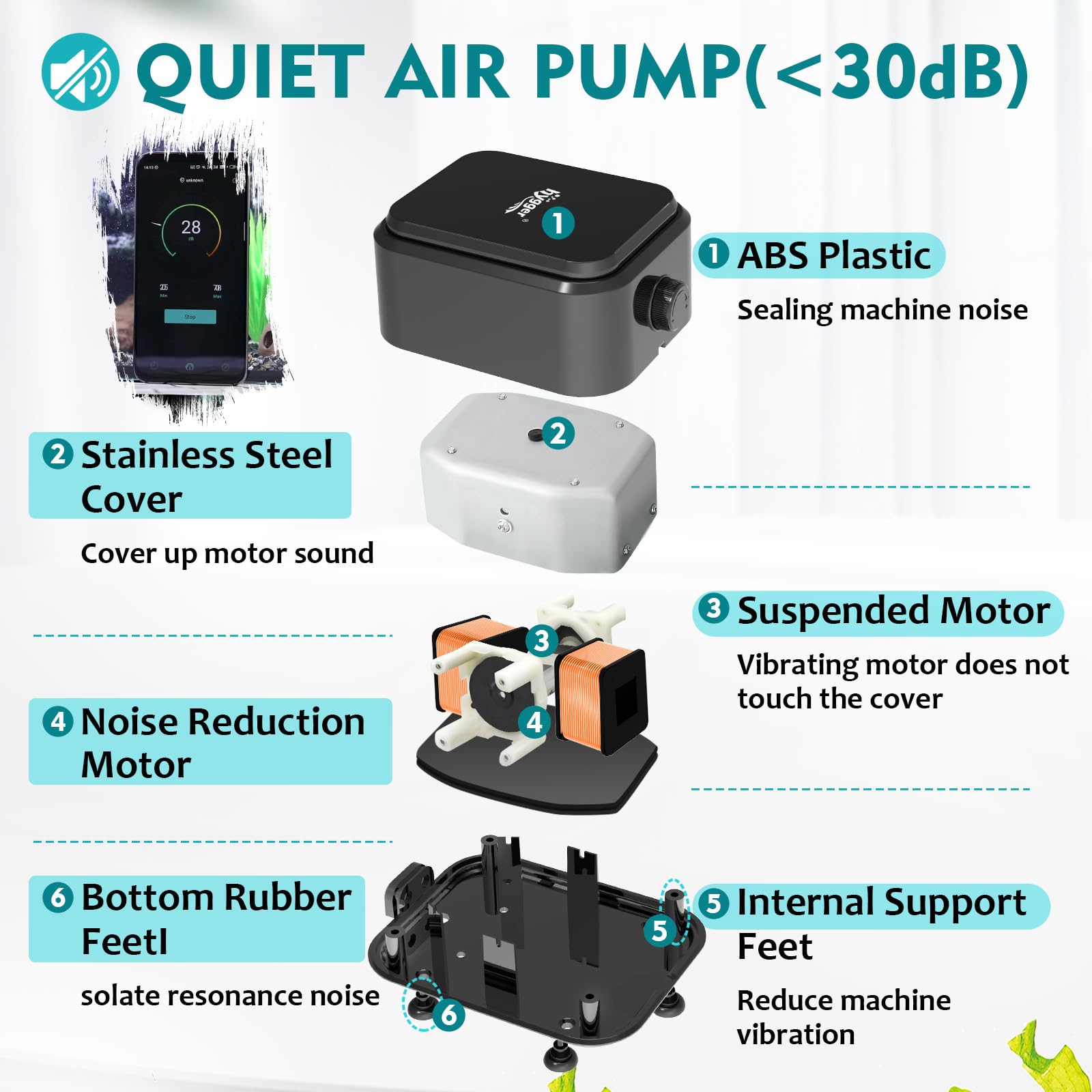hygger Quiet Aquarium Air Pump side view highlights slim profile and steady airflow