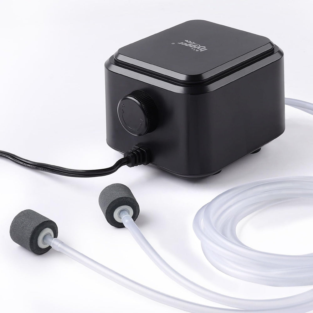 hygger Quiet Aquarium Air Pump top view showcases compact, silent operation for peaceful tanks