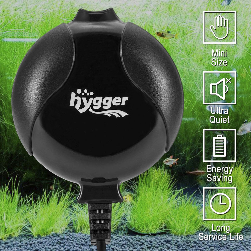 Hygger Quiet Mini Air Pump energy saver highlights 1.5 watt consumption.