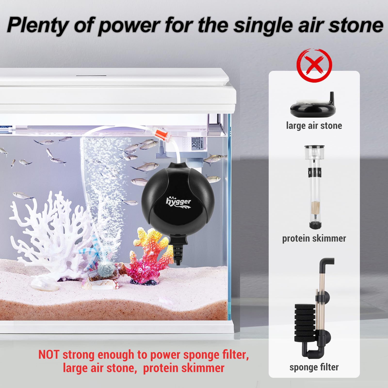 Hygger Quiet Mini Air Pump in box with complete kit including tubing and stone.