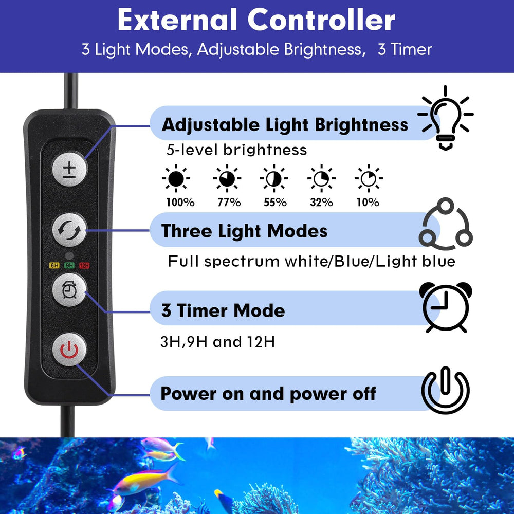 Hygger reef spectrum LED close-up highlighting blue, white, and violet channels