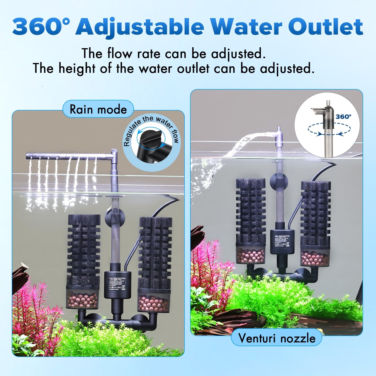 Hygger 360° rotatable outlet directs flow for tank corners or display.
