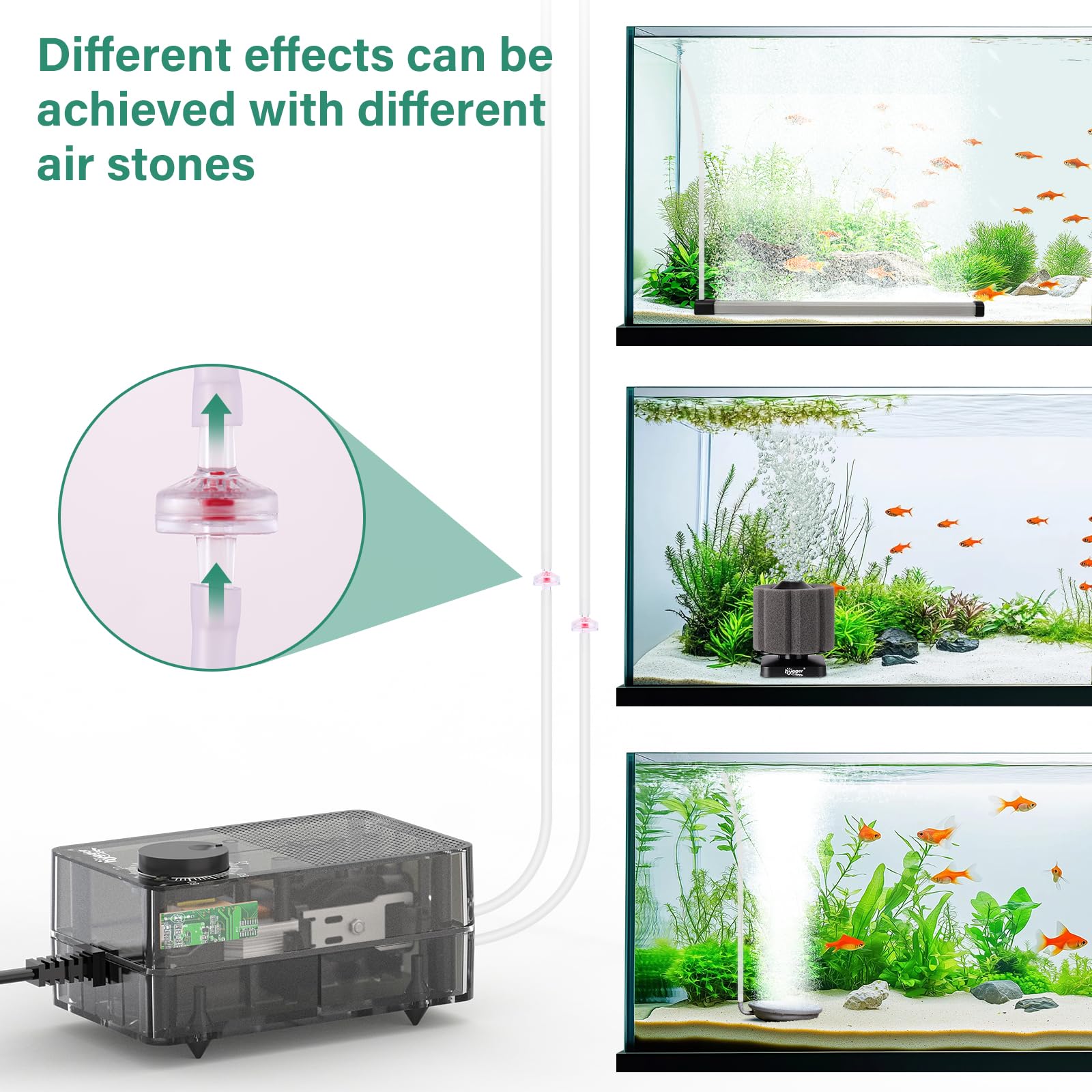 hygger See-Through Air Pump in use inside a small freshwater tank for aeration