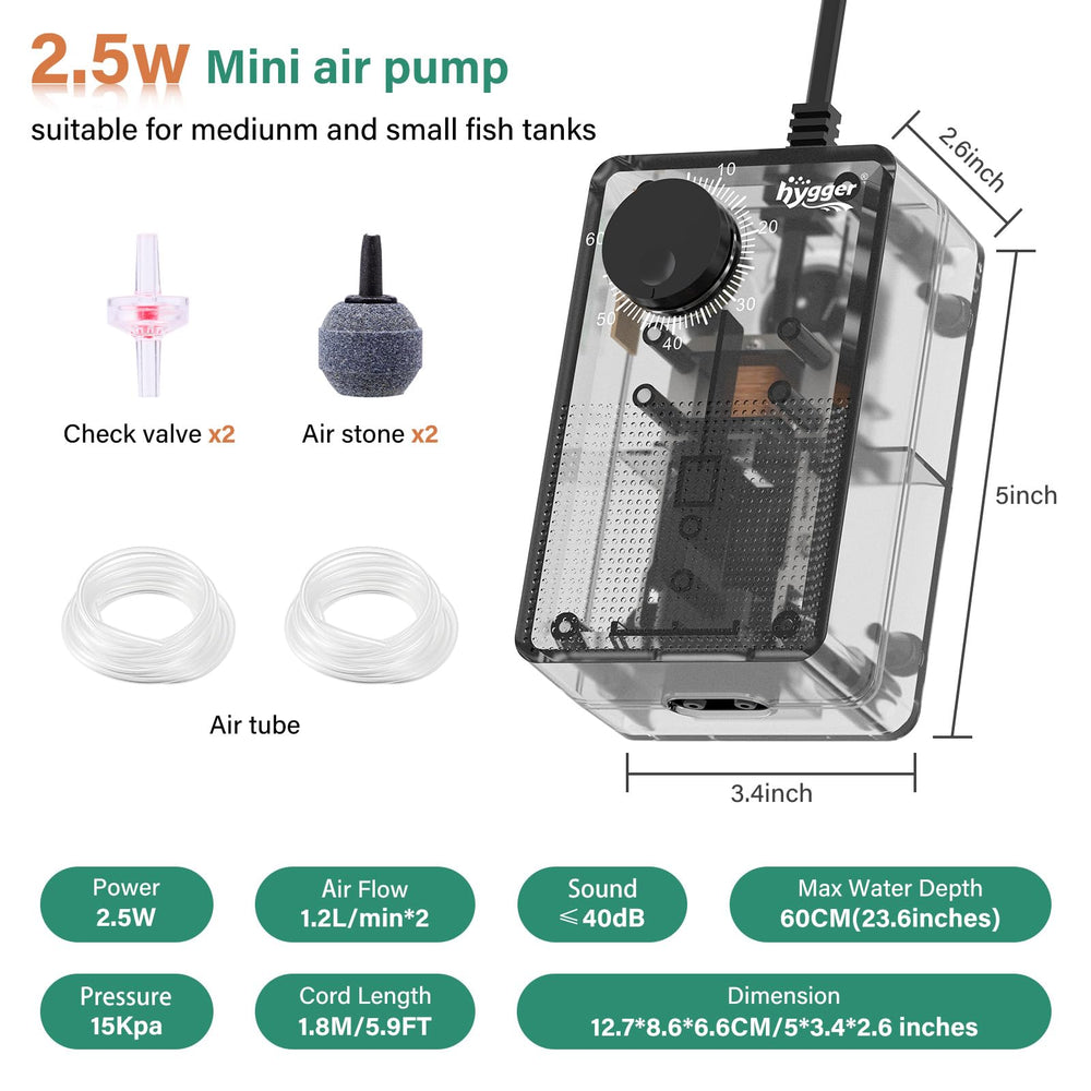 hygger See-Through Air Pump outlet closeup emphasizes dual-outlet flow control