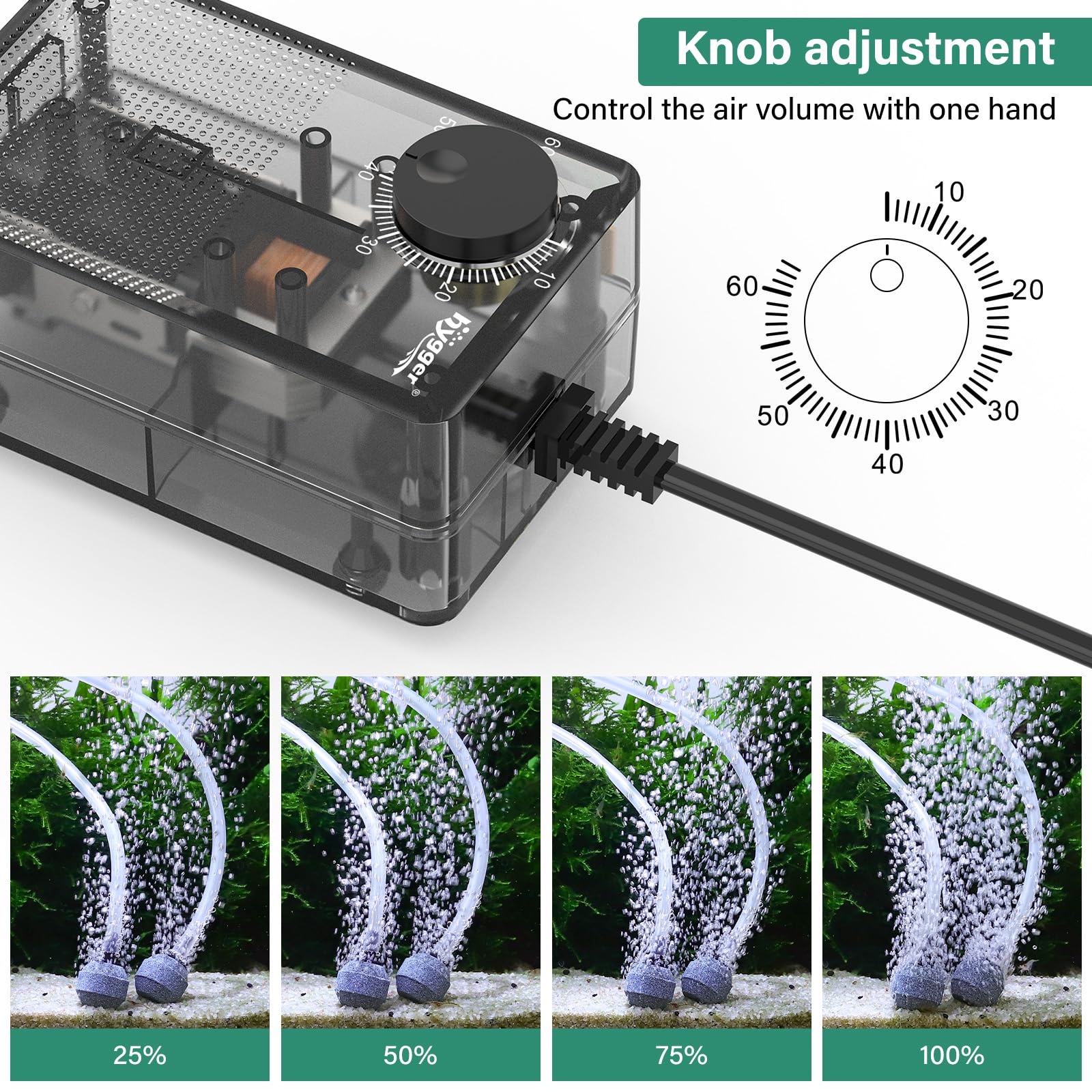 hygger See-Through Air Pump side view highlights compact design for small to medium aquariums