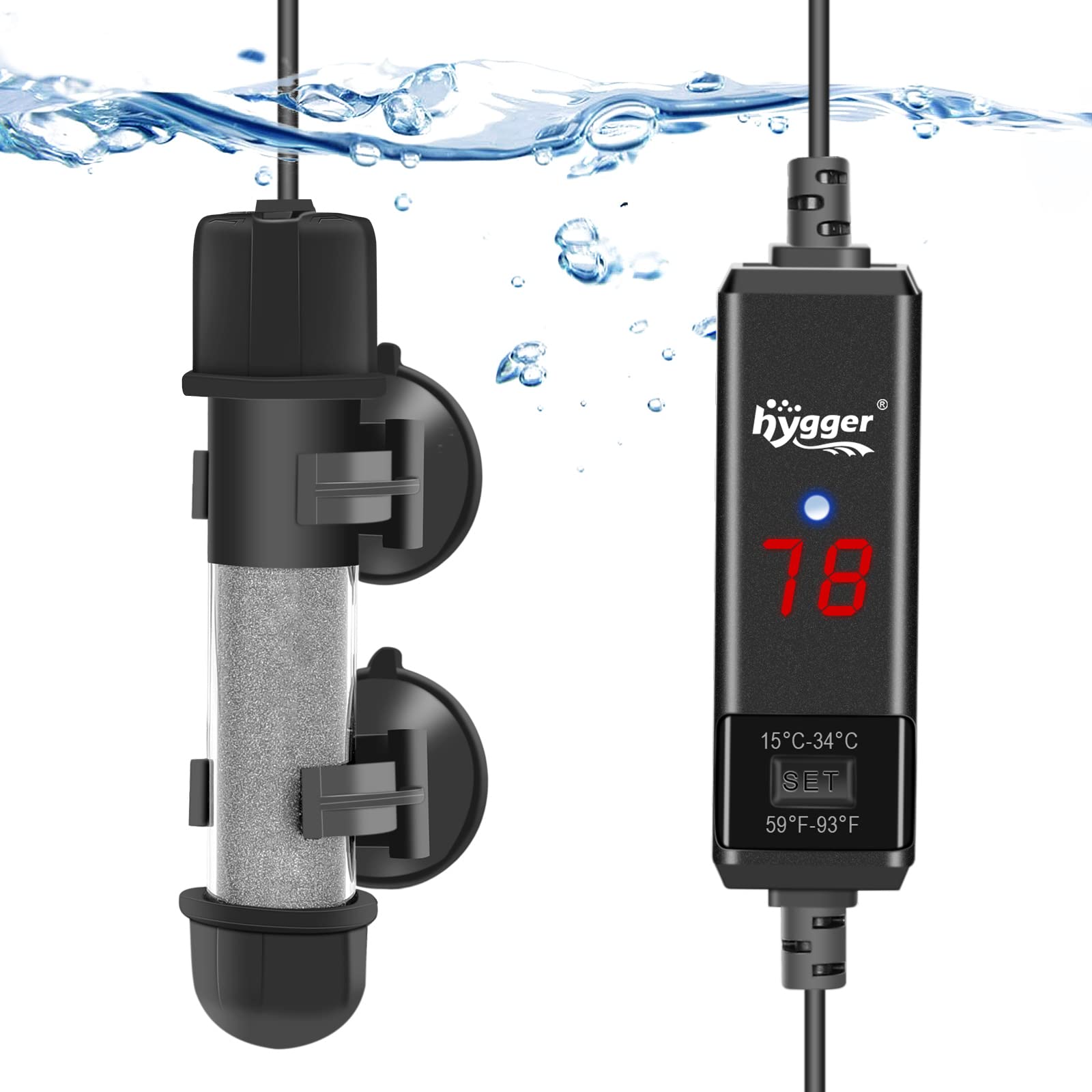 hygger small aquarium heater with LED display showing temperature for precise control