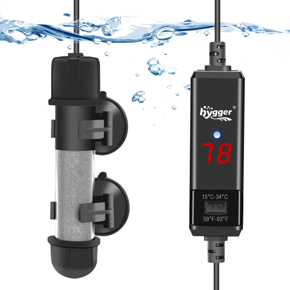 hygger small aquarium heater with LED display showing temperature for precise control