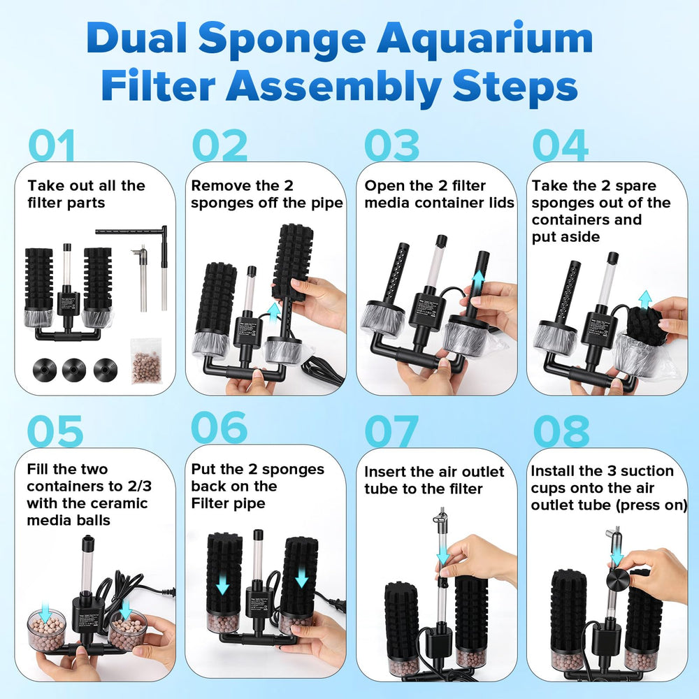 Hygger includes two spare sponges and bio-media for long-term maintenance.