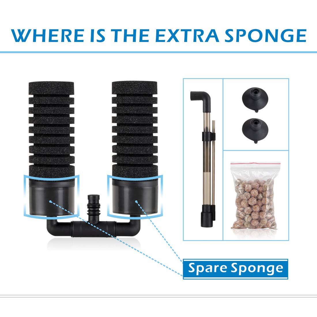 Hygger Sponge Filter side assembly highlighting easy media changes and multi-layer filtration.