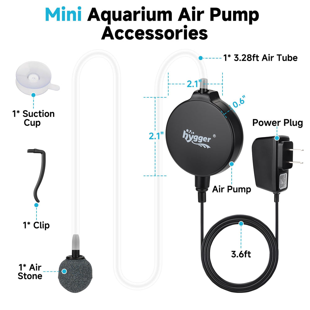 Hygger starter kit includes tubing, air stone, suction cup, clip, and adapter.