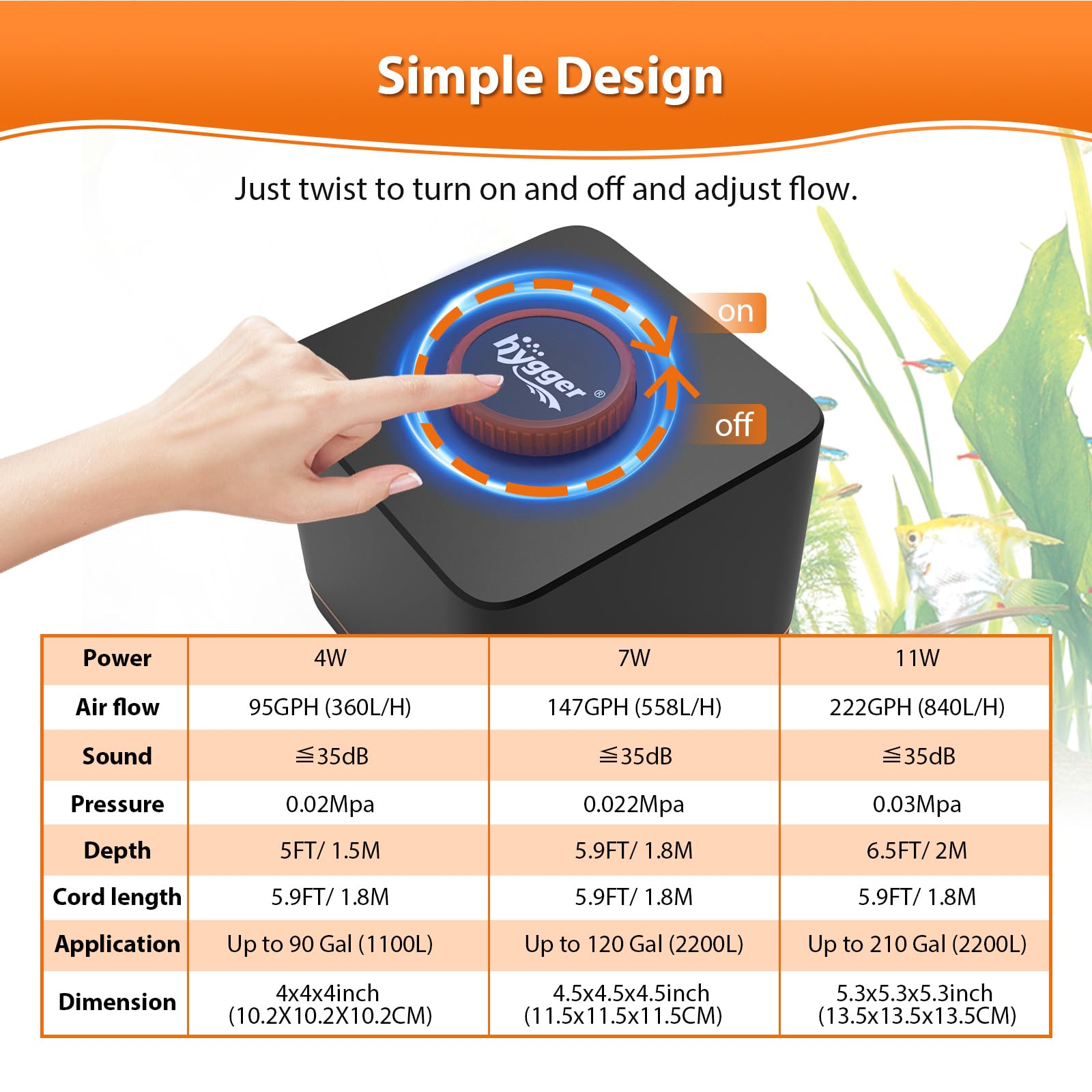 Hygger strong air pump with one-knob flow control for easy adjustment.