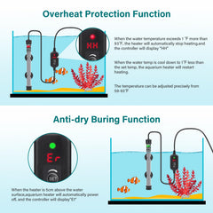 Hygger heater demonstrates out-of-water protection with automatic safety indicators.