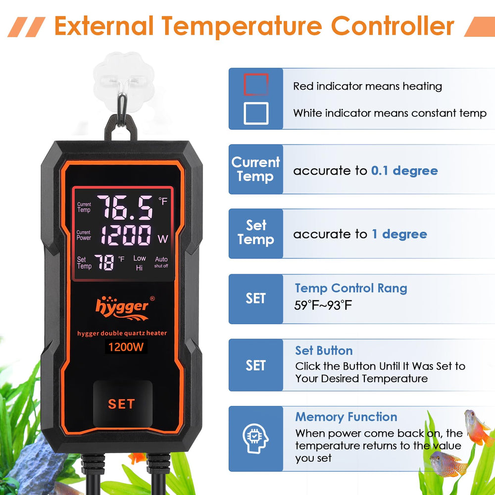 Hygger Submersible Heater 1200W side view shows compact installation and mounting.