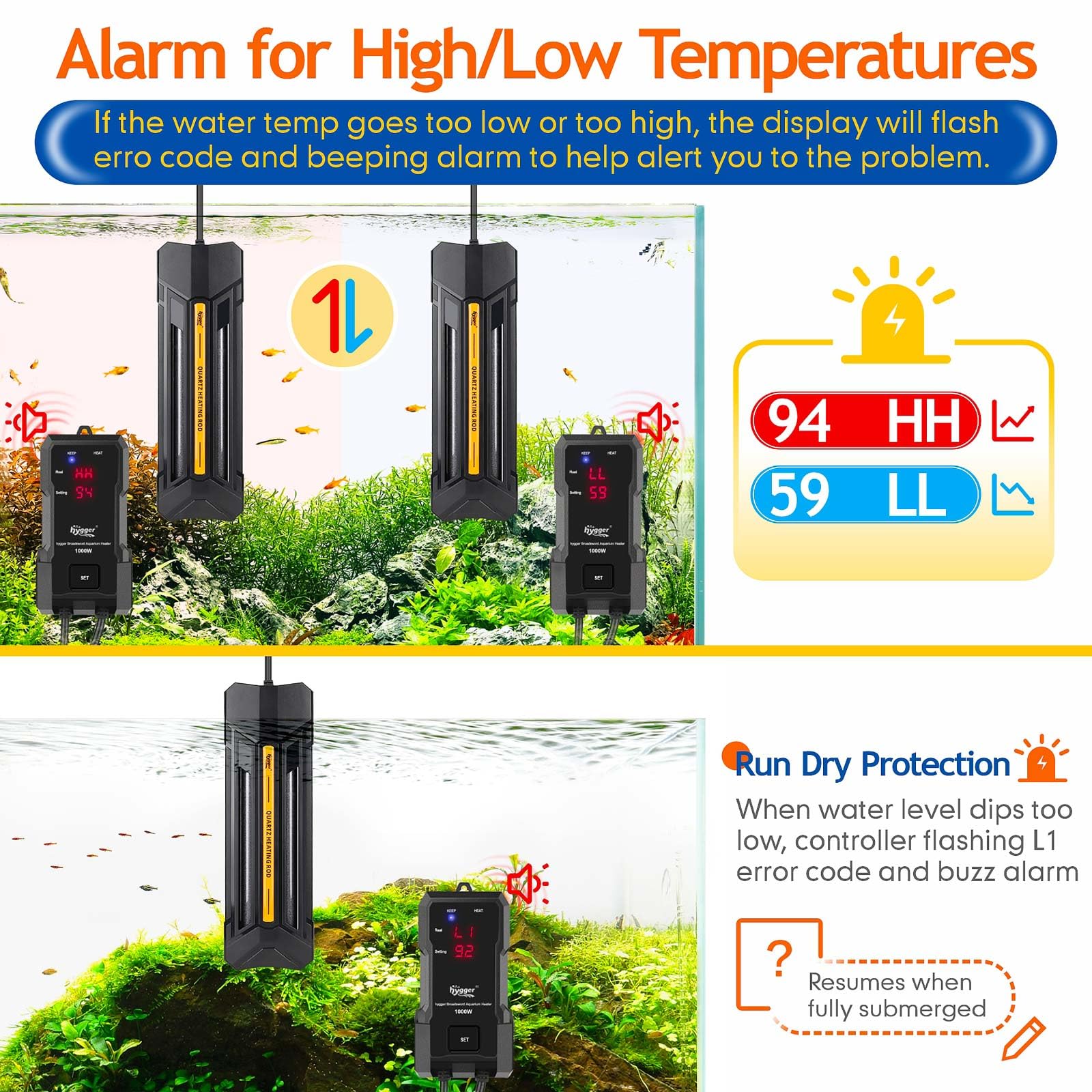 Hygger submersible heater mounted inside the tank for even heat distribution