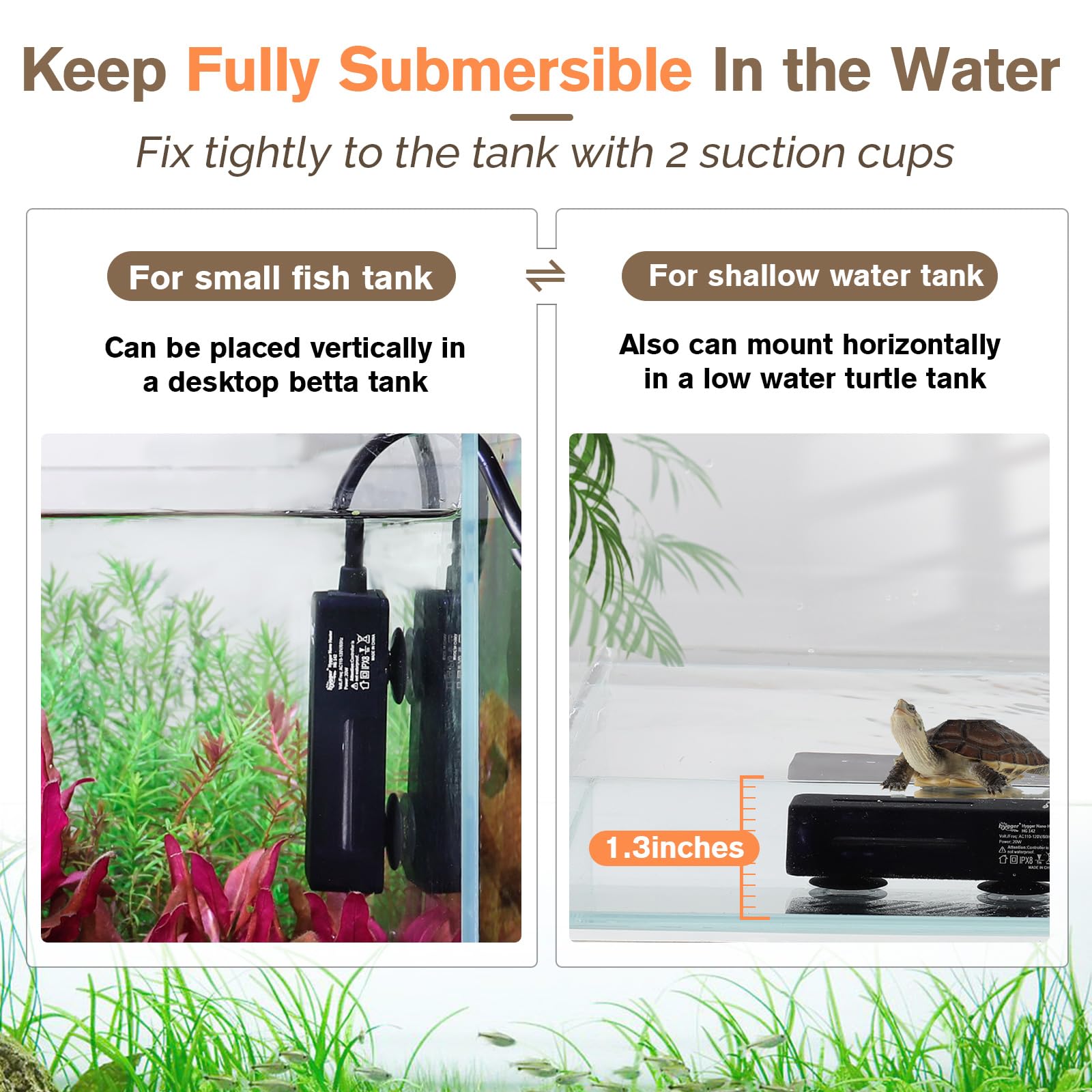 hygger submersible heater with suction cups for flexible tank mounting.