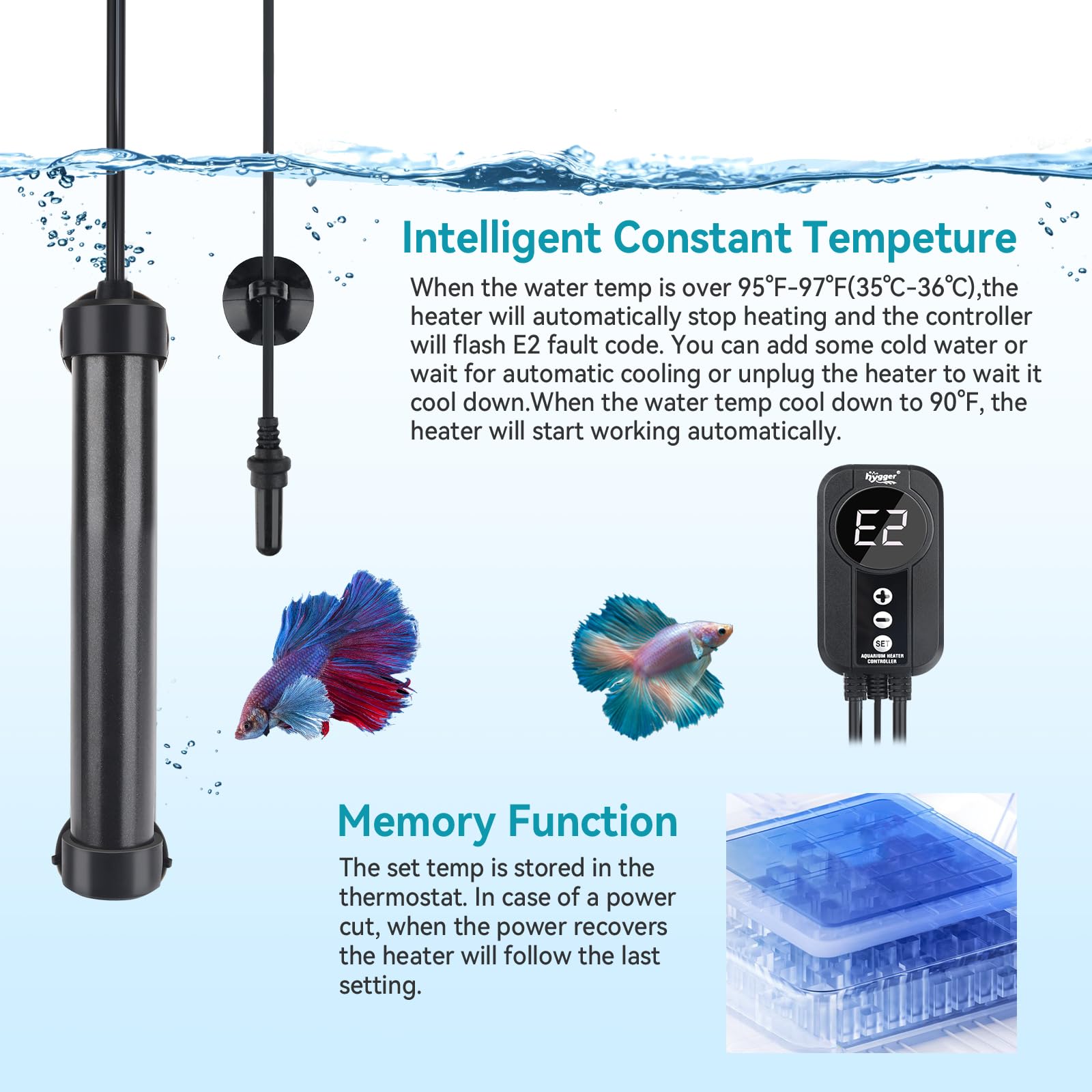 Hygger teflon-coated heating element adds durability and water safety.