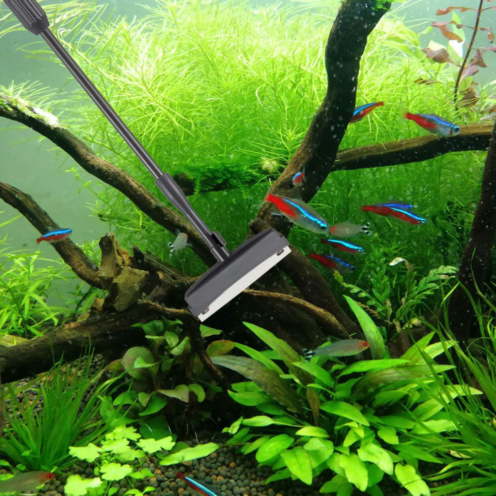 hygger telescoping handle extended to reach deeper tanks with minimal effort.