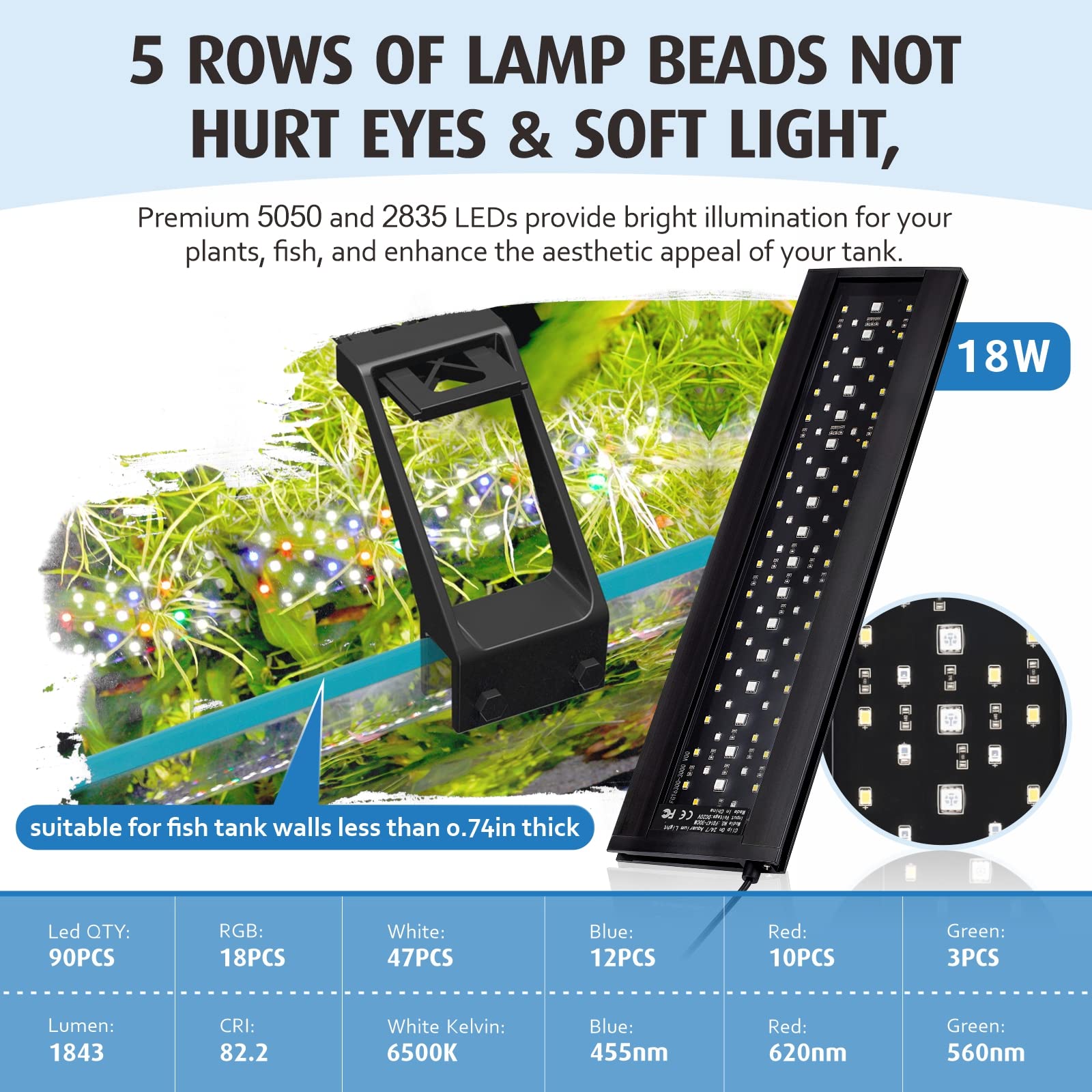 Hygger light’s thick aluminum body provides efficient heat dissipation.