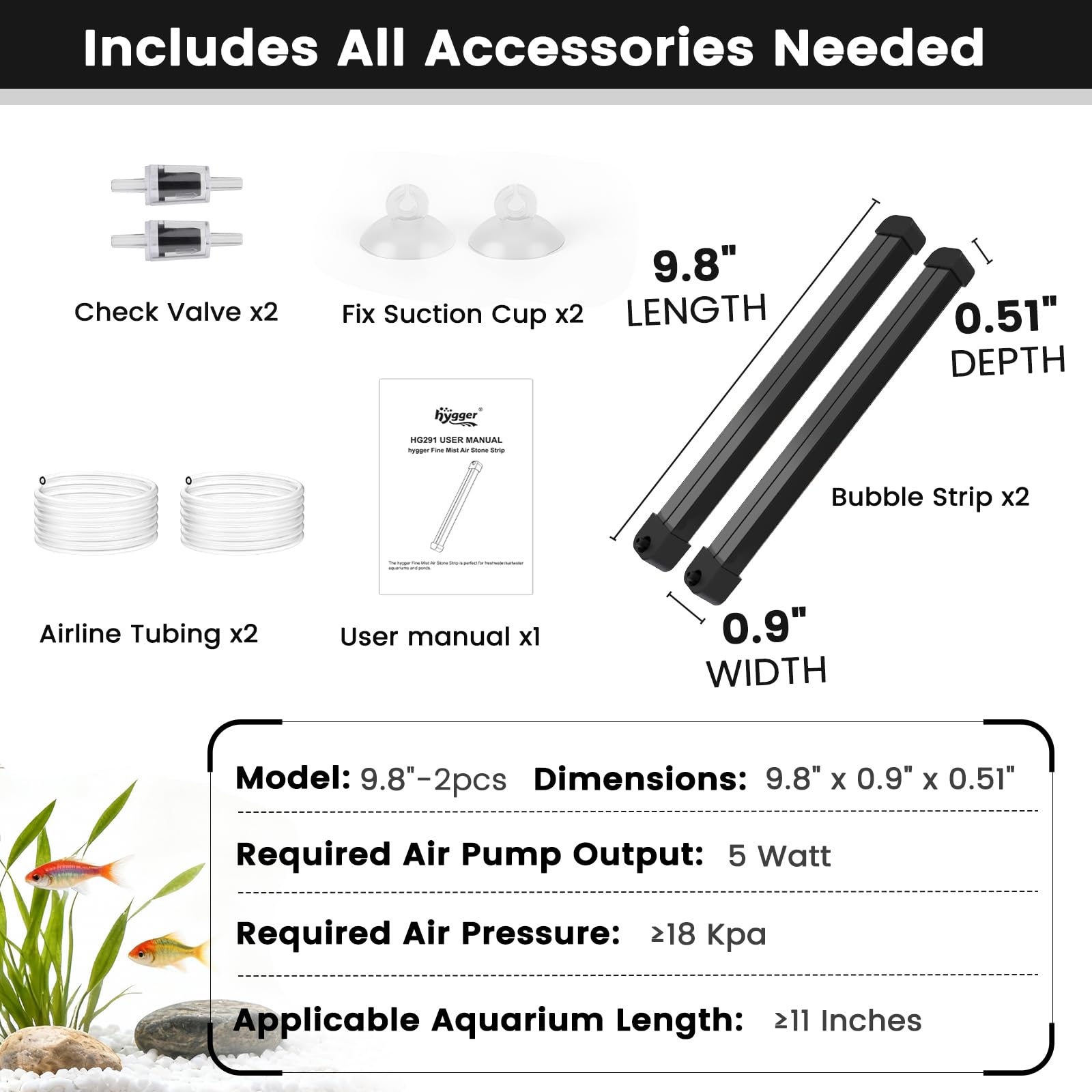 Complete bubble curtain kit with two bars for easy setup.