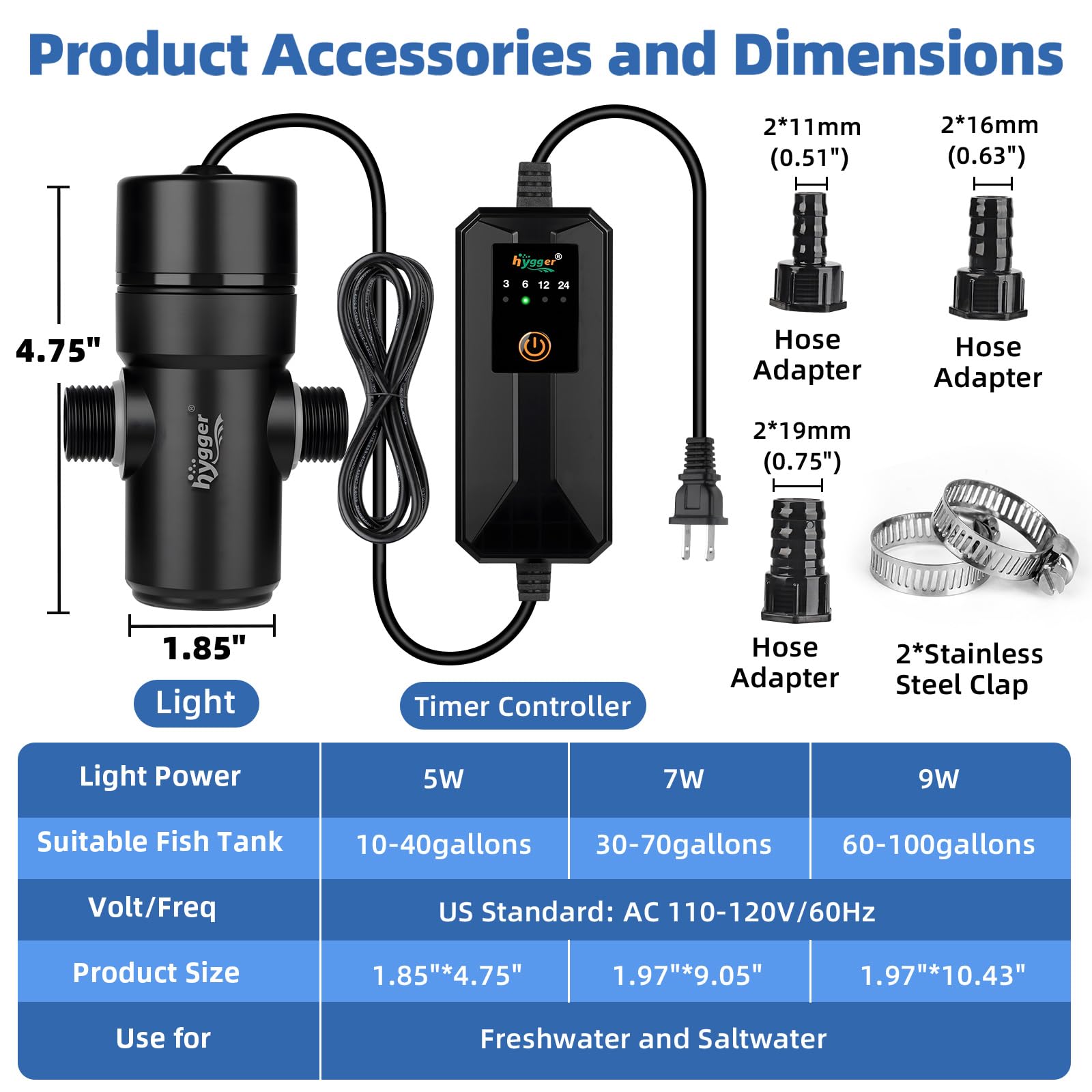hygger U-V light connector fittings for flexible hose sizing.